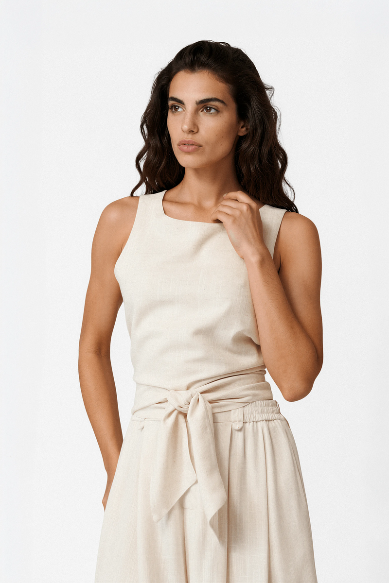 Linen open back top with tie