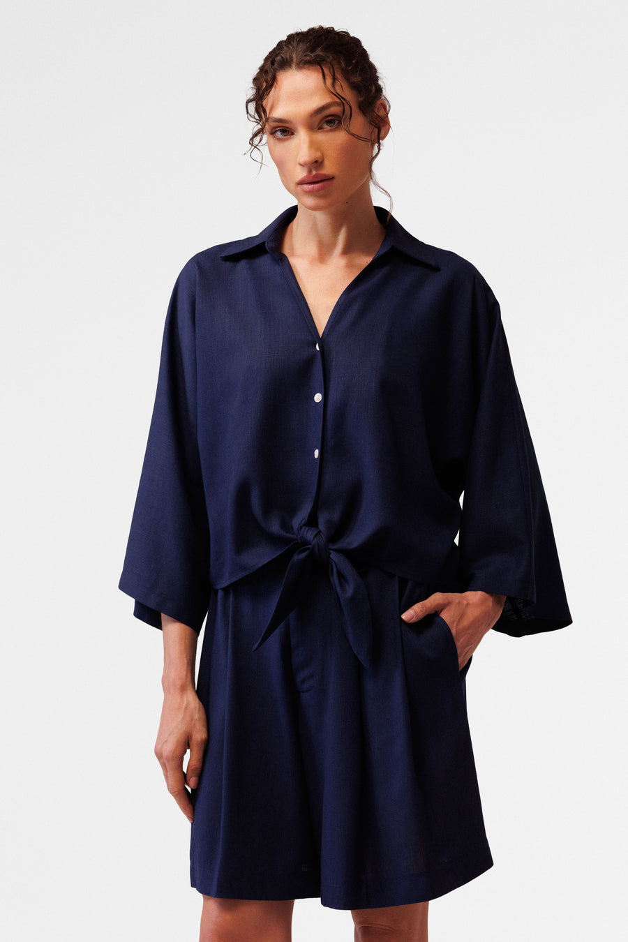 Short tie front linen shirt
