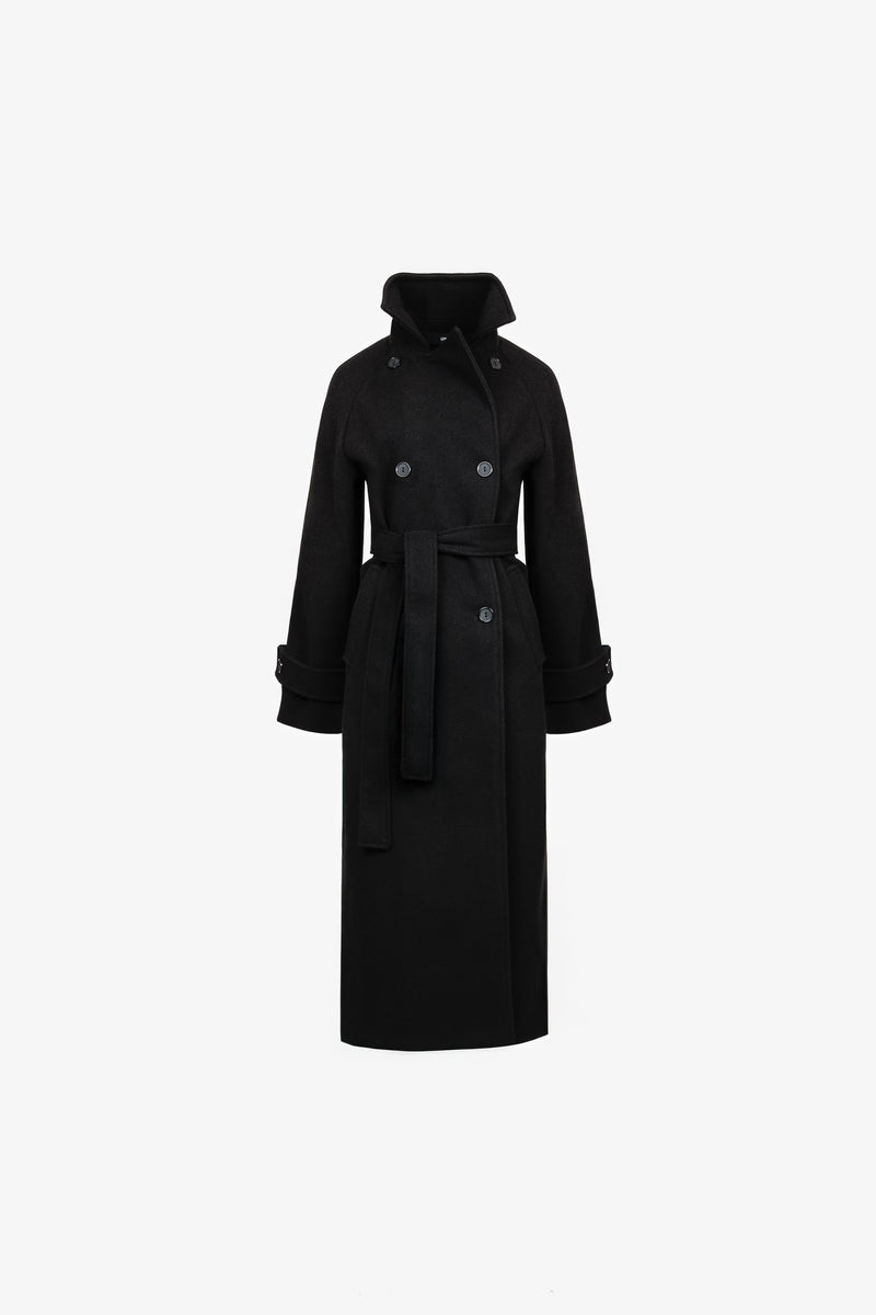 Płaszcz czarny wełniany maxi z wiązaniem