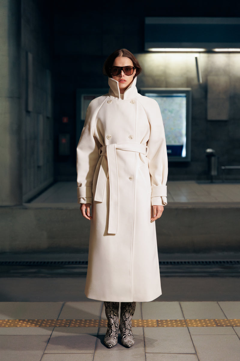 Płaszcz perłowy wełniany maxi z wiązaniem