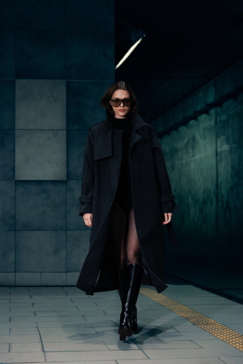 Płaszcz gołębi wełniany maxi z wiązaniem