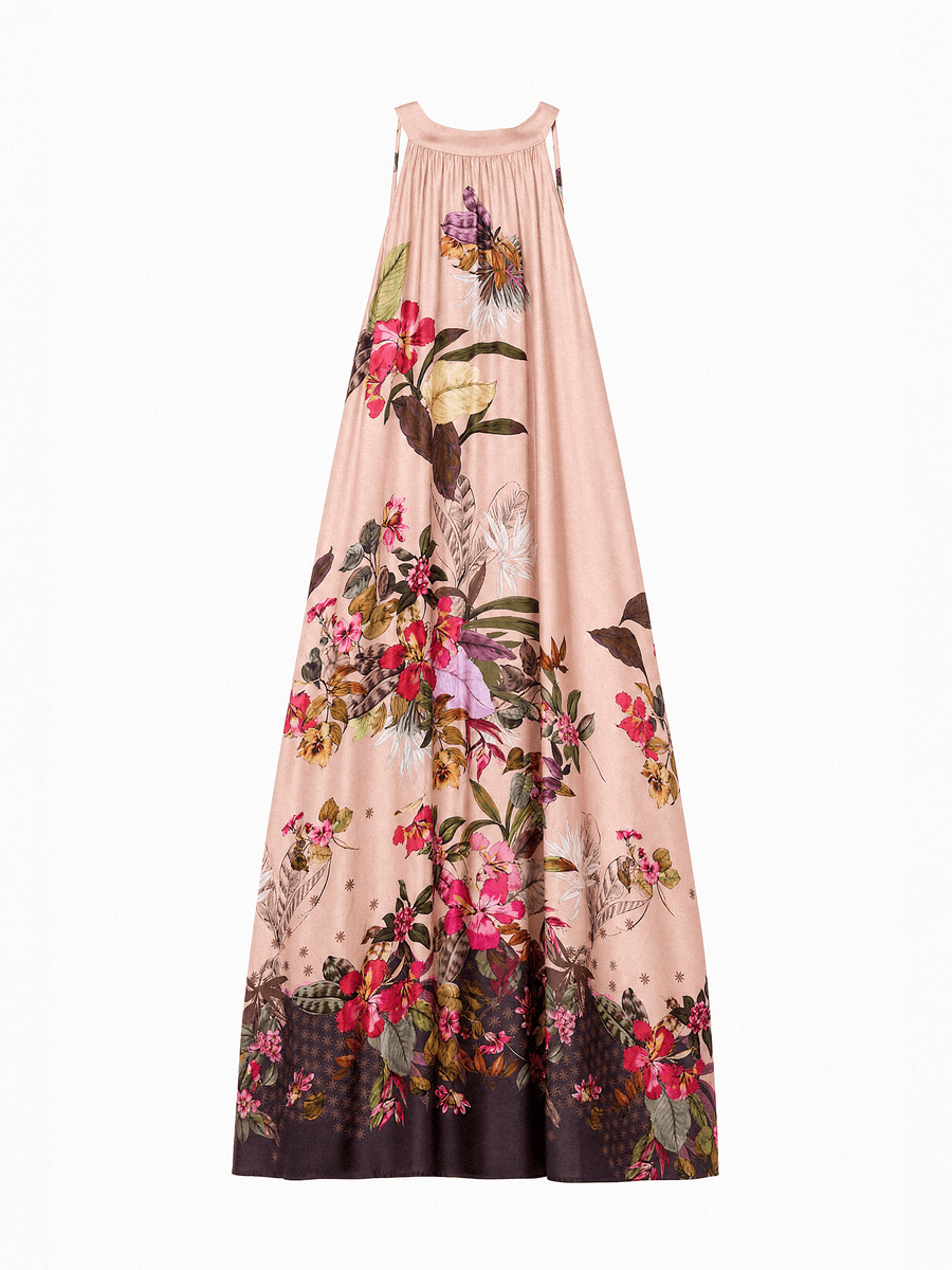 Vestido maxi de satén con estampado tropical