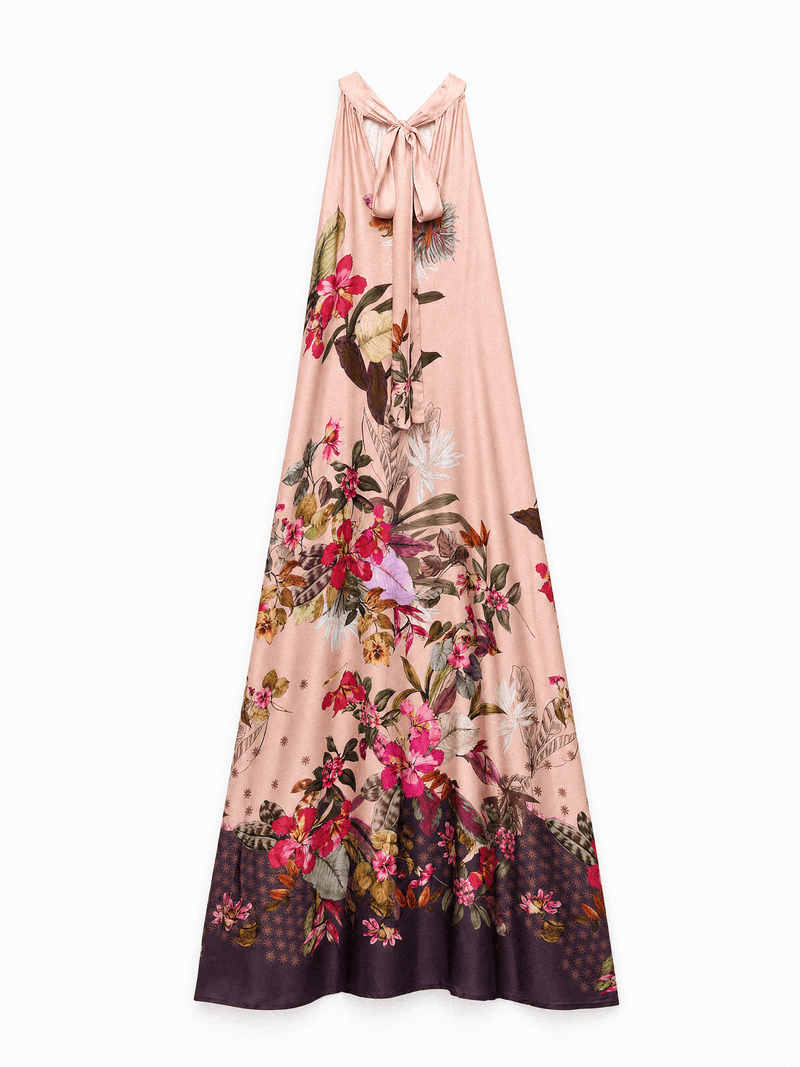 Tropical print satin maxi dress