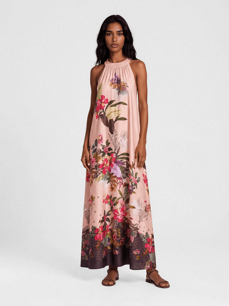 Tropical print satin maxi dress