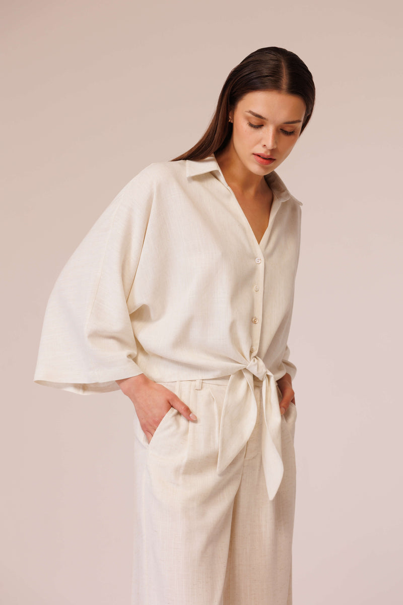 قميص كتان قصير برباط