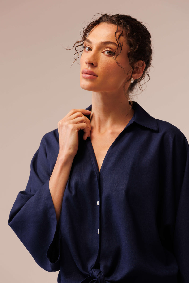 قميص كتان قصير برباط