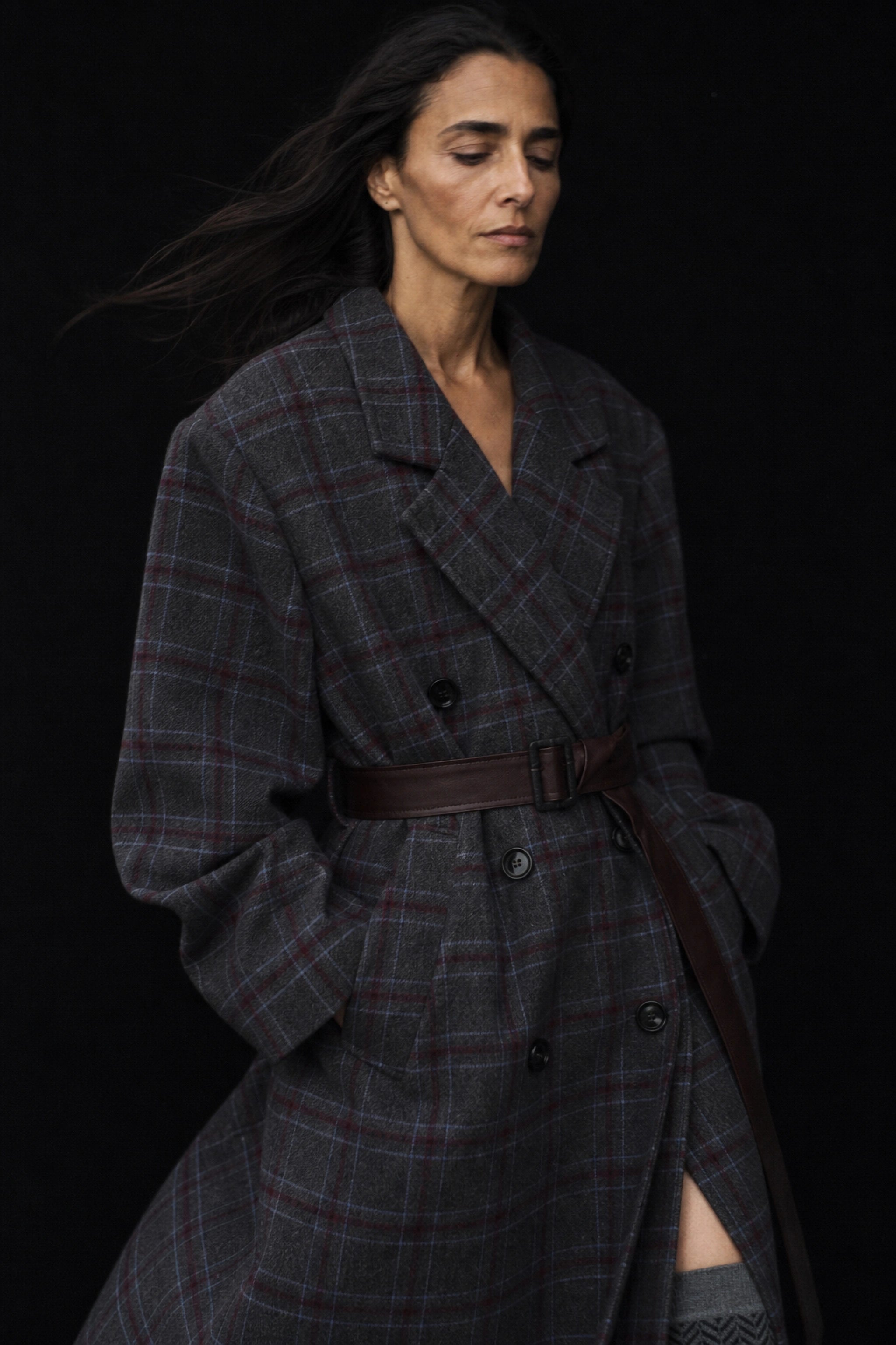 Checked wool blend belted coat in navy editorial image 1