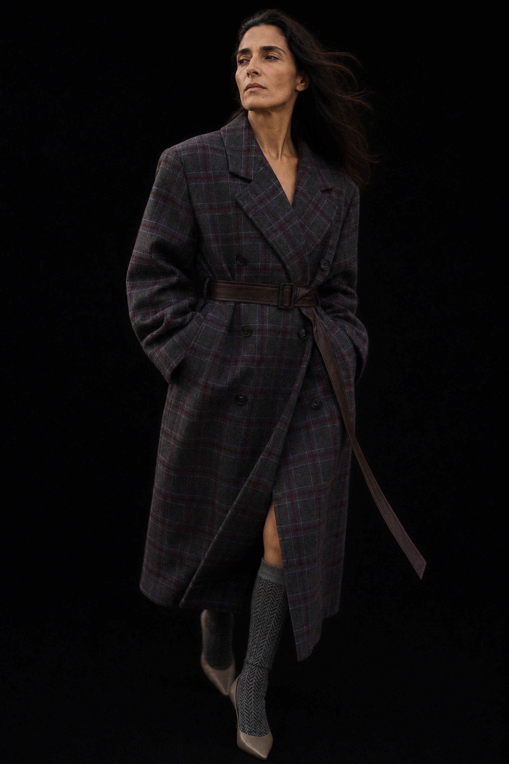 Checked wool blend belted coat in navy editorial image 2