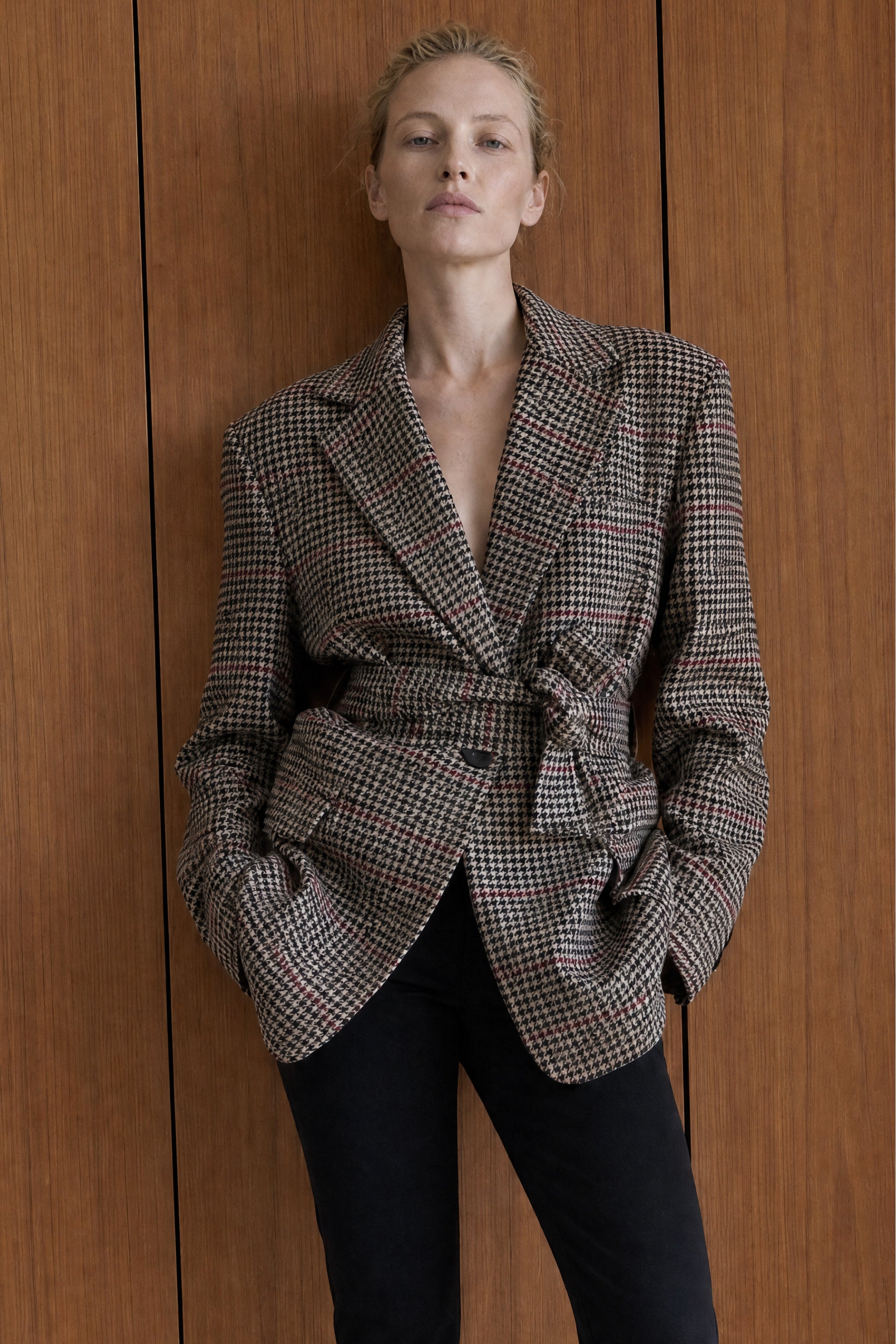Cropped houndstooth belted jacket editorial image 1