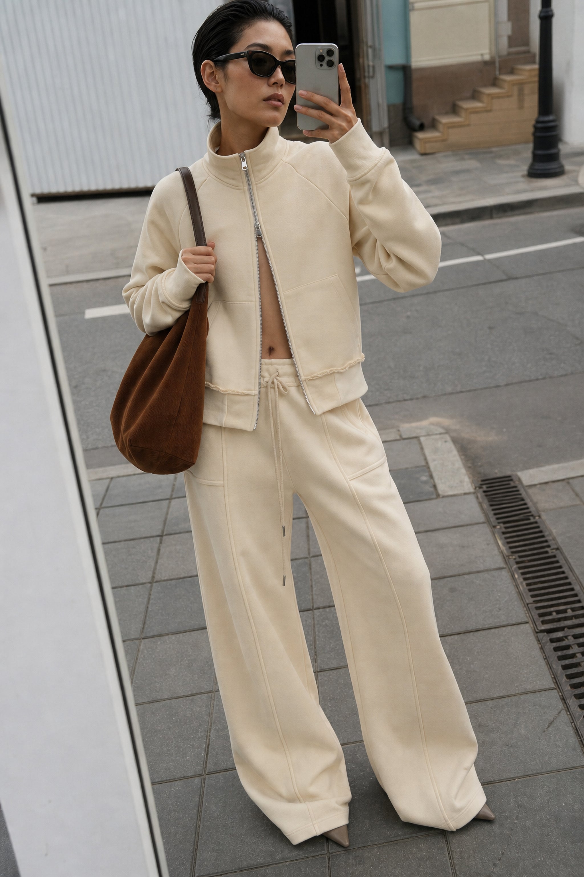 Cotton drawstring joggers in pearl editorial image 1
