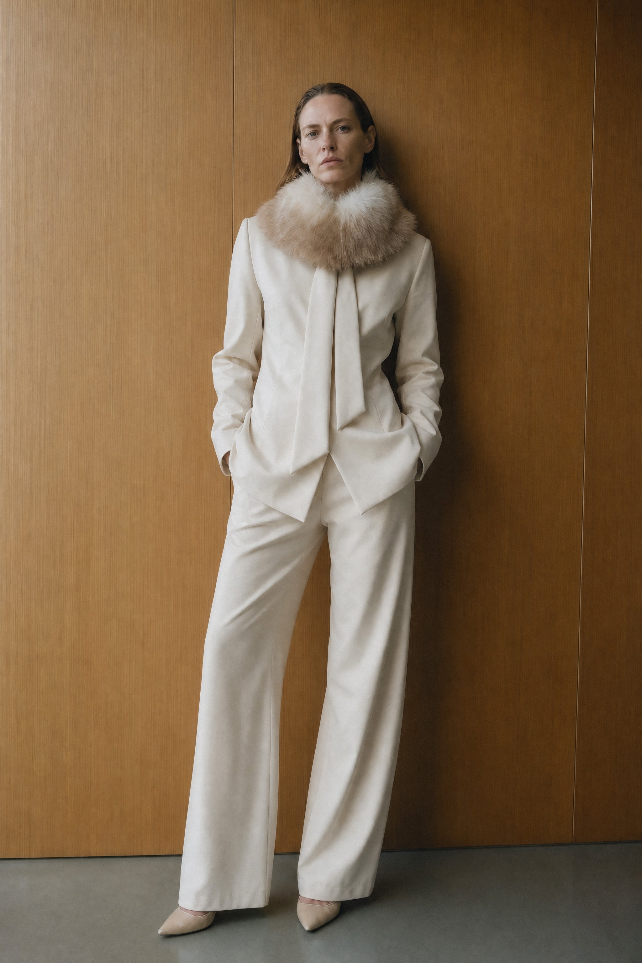 Faux fur tie scarf in beige image 2