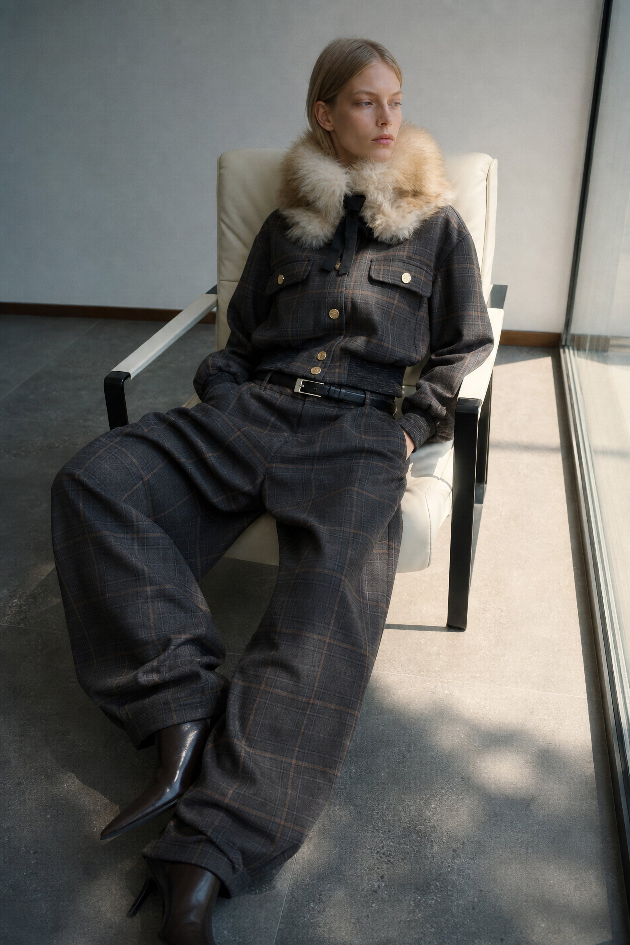 Faux fur tie scarf in beige image 7