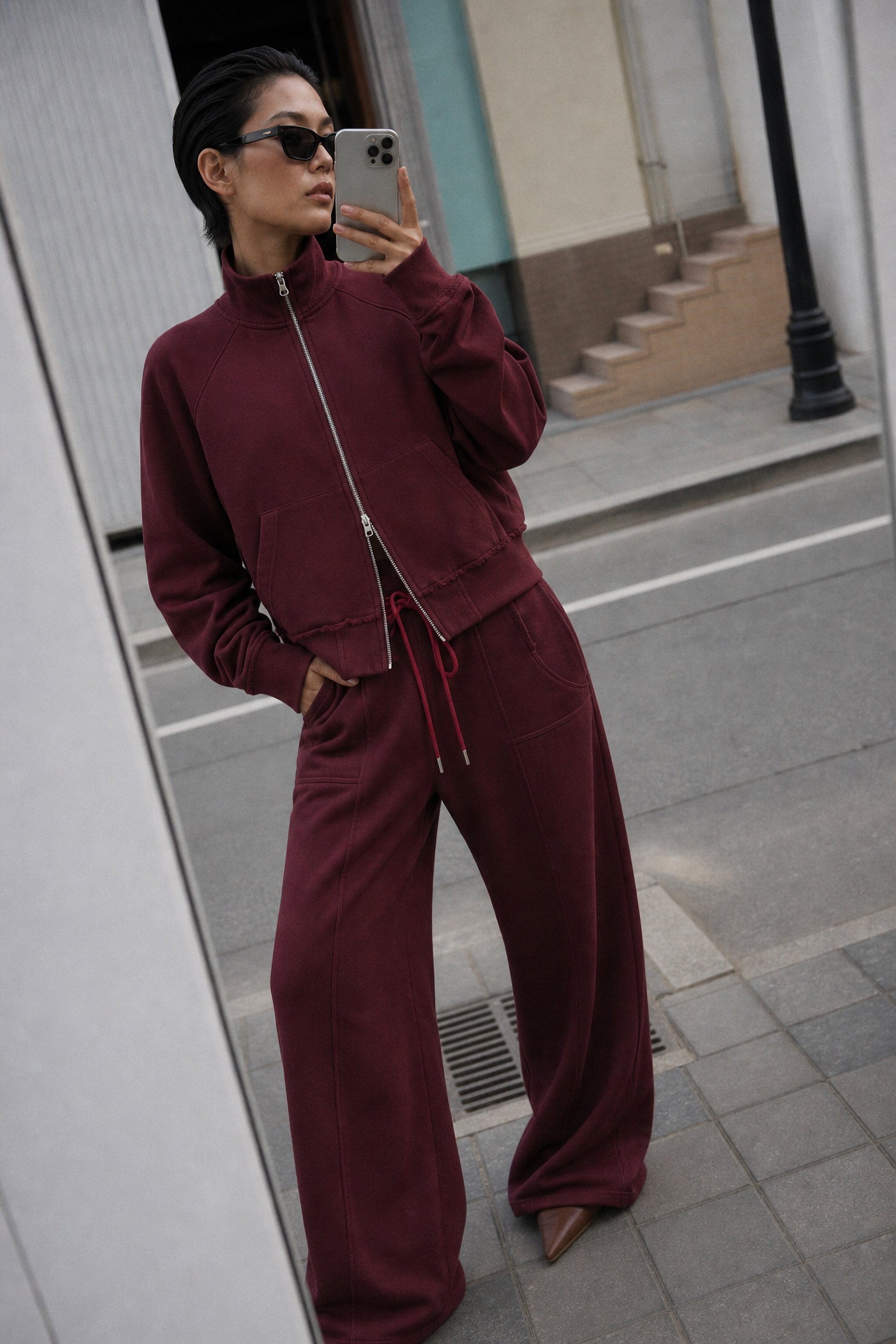 Cropped cotton zip sweatshirt in red editorial image 2