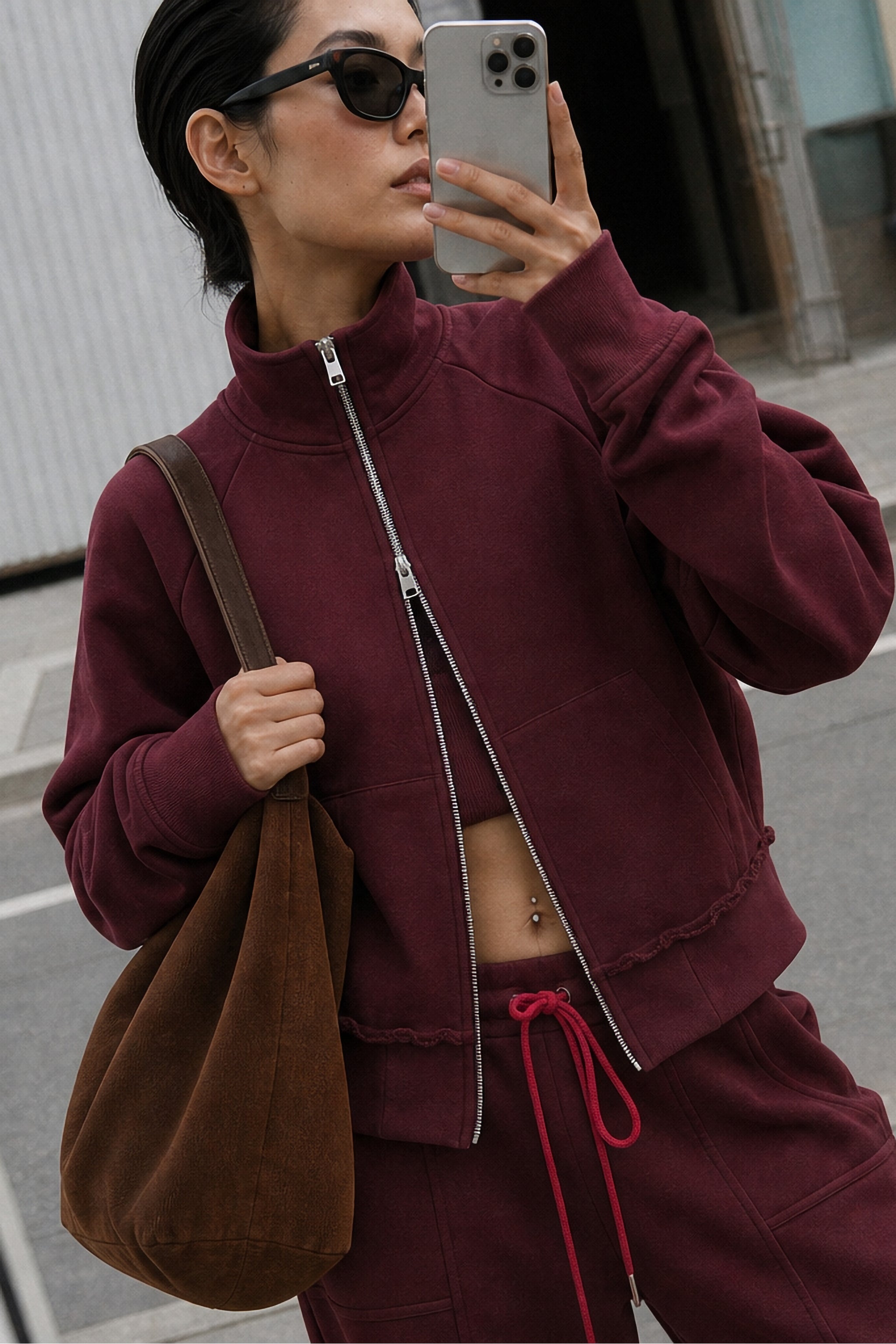 Cropped cotton zip sweatshirt in red editorial image 1