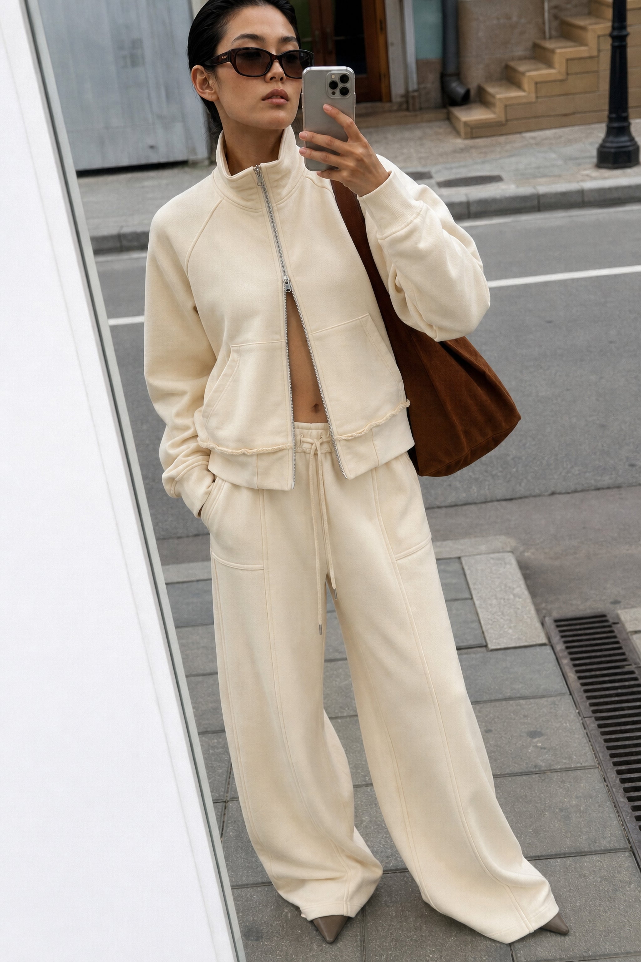 Cropped cotton zip sweatshirt in pearl editorial image 2