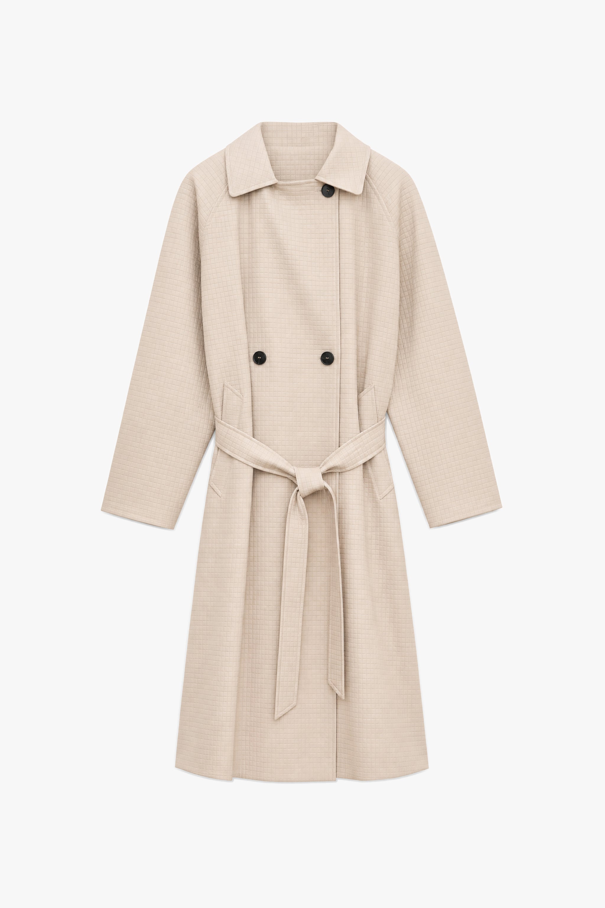 Embossed check faux leather trench coat in beige packshot image 1