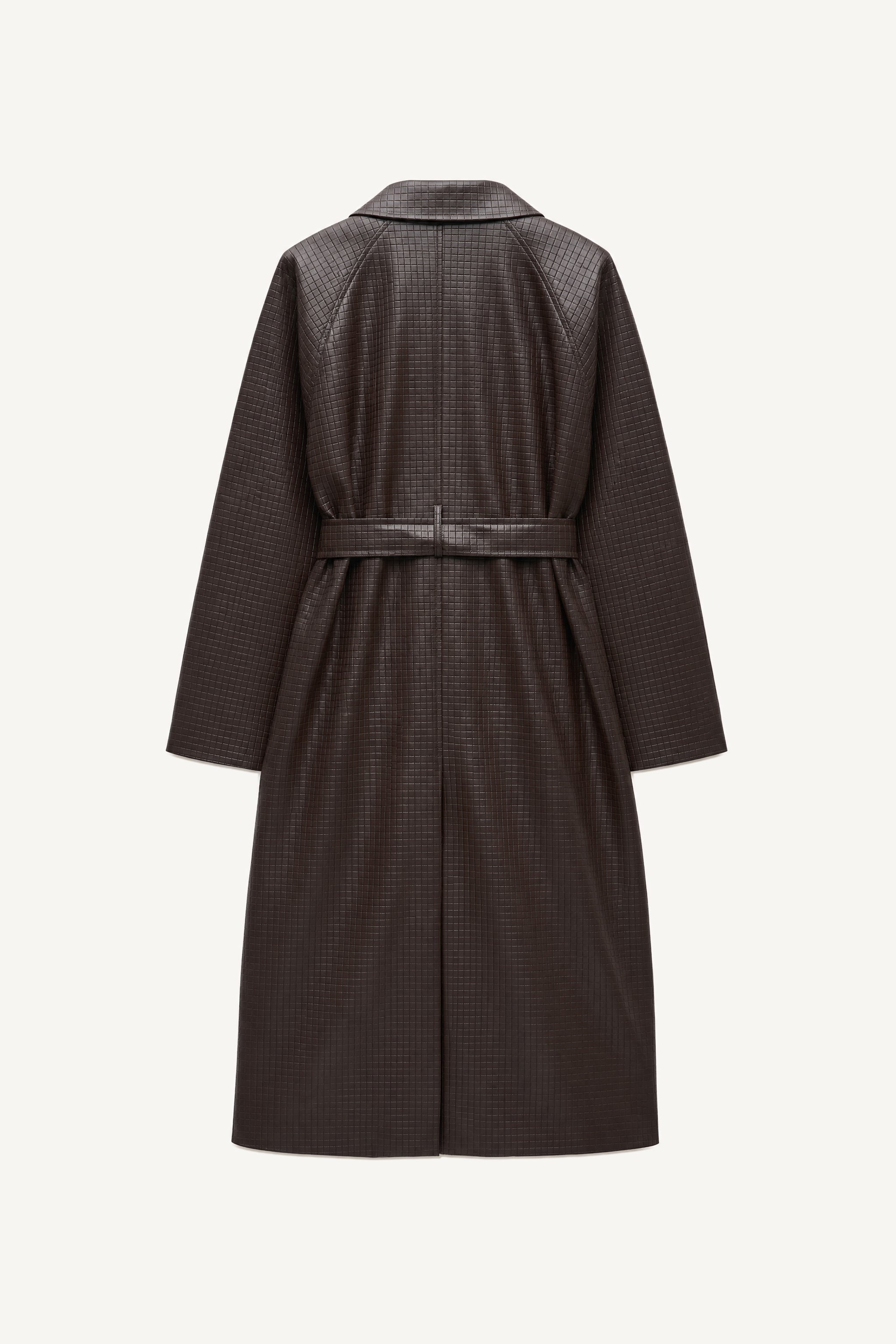 Embossed check faux leather trench coat in brown packshot image 2