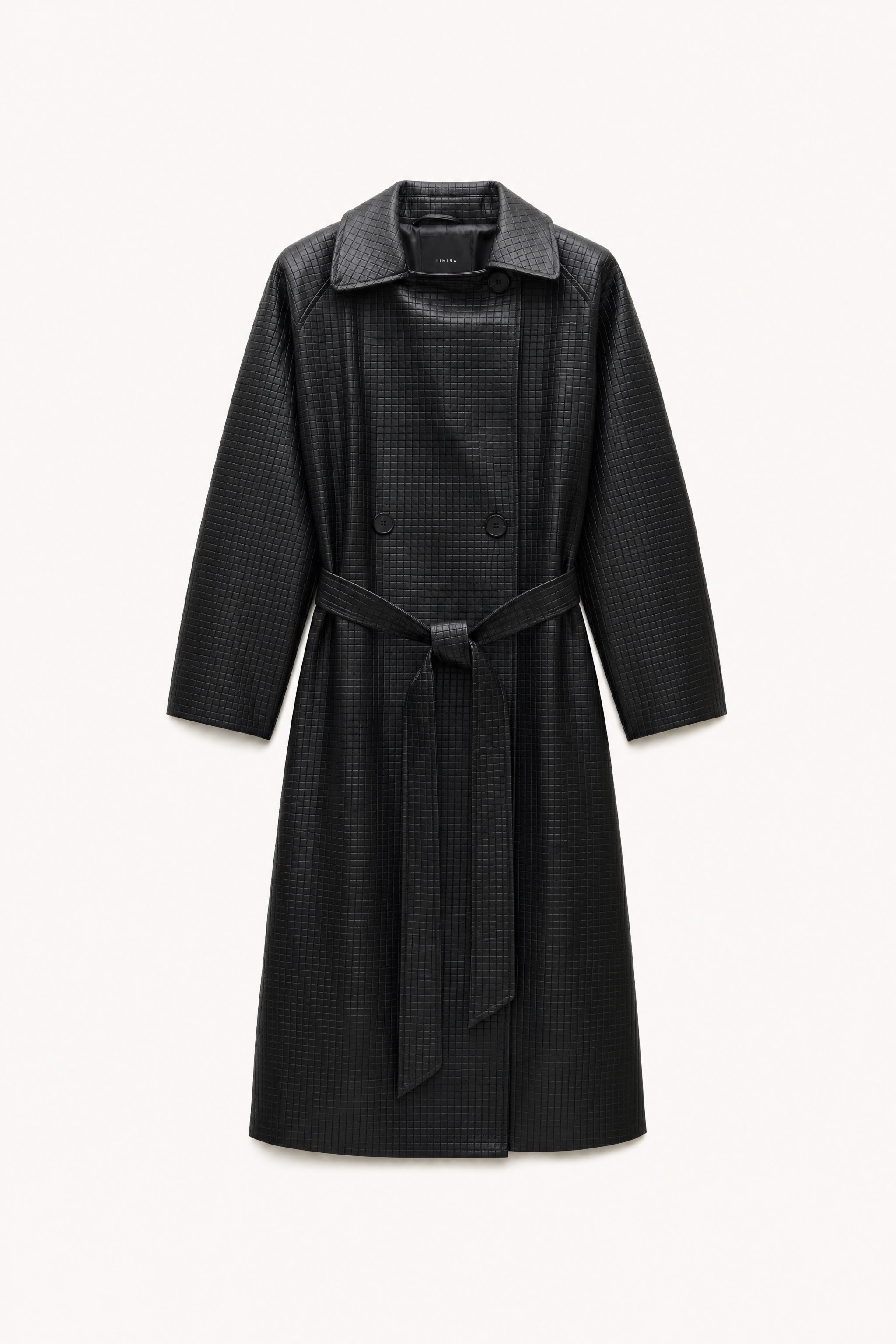 Embossed check faux leather trench coat in black packshot image 1