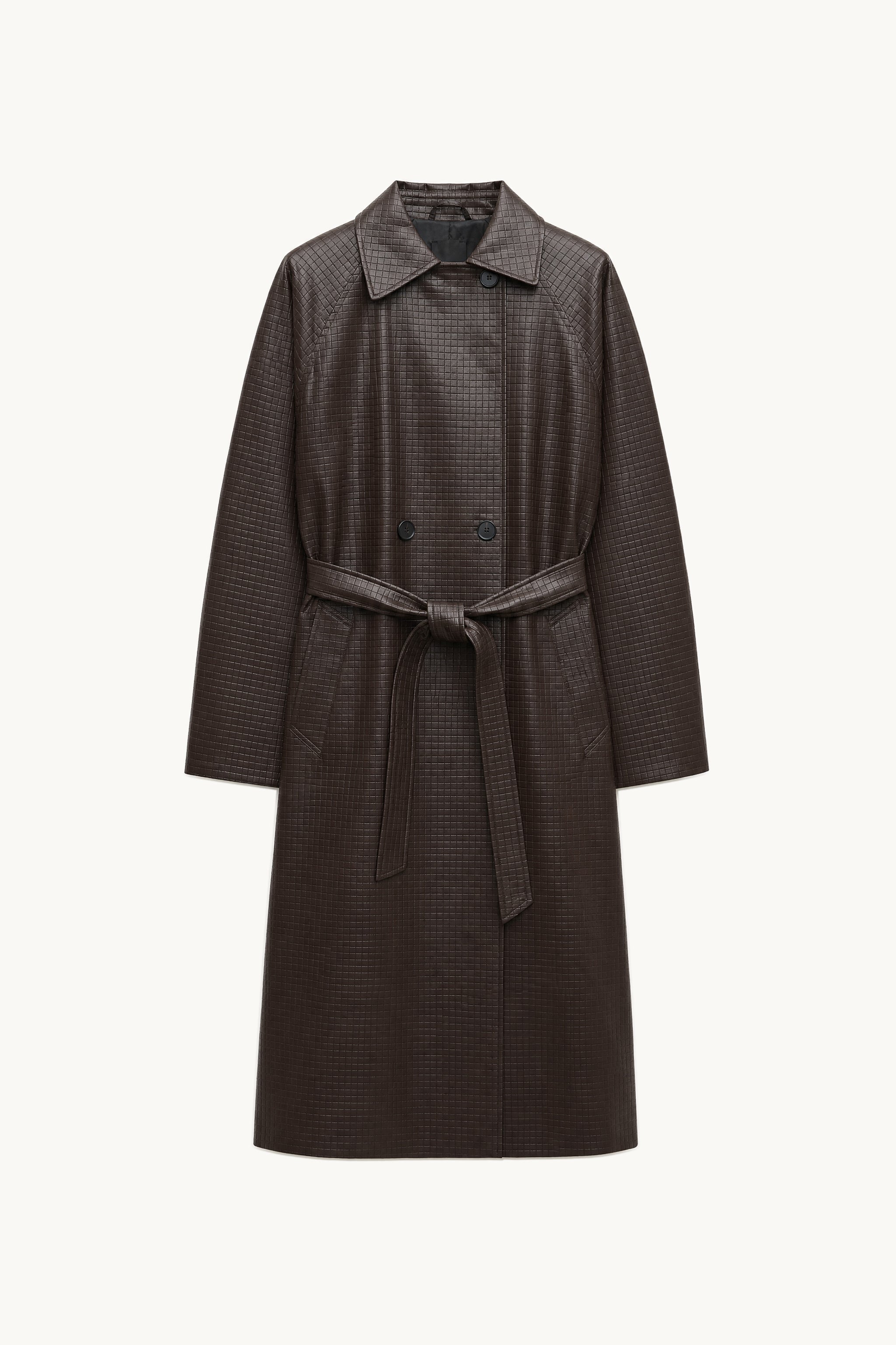 Embossed check faux leather trench coat in brown packshot image 1