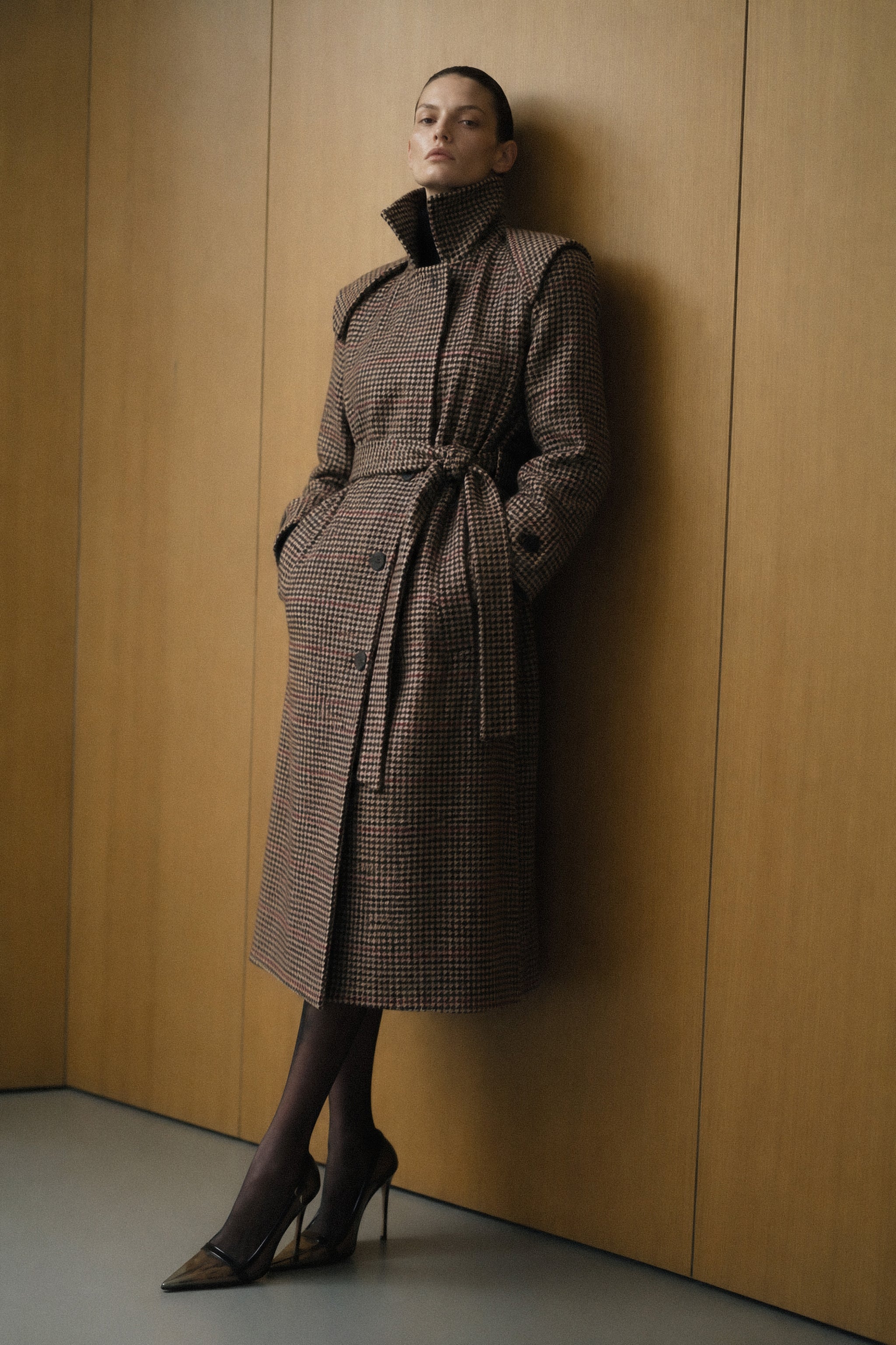 Houndstooth belted trench coat editorial image 2